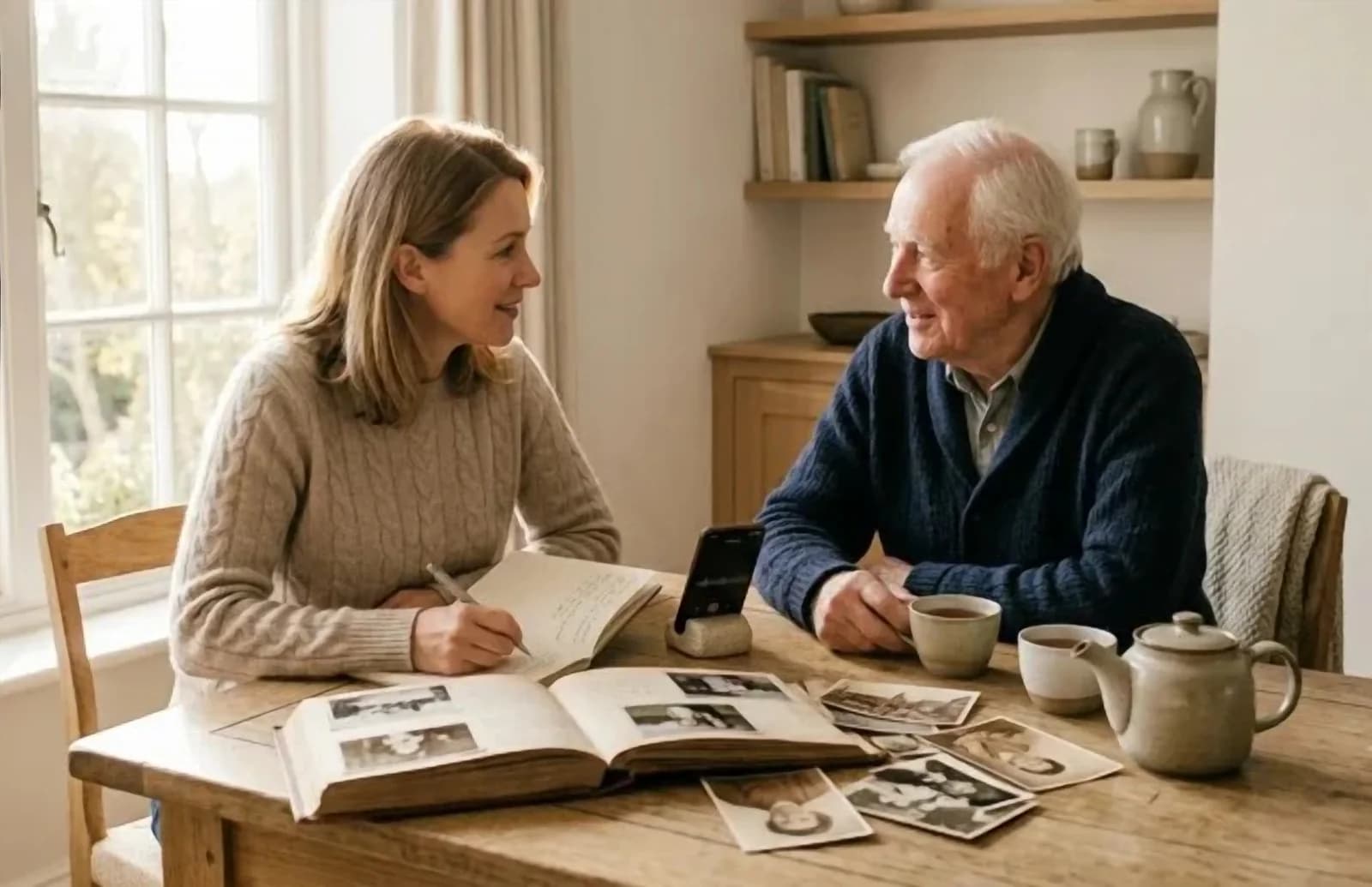 A woman and an older man looking through a photo album together at the kitchen table