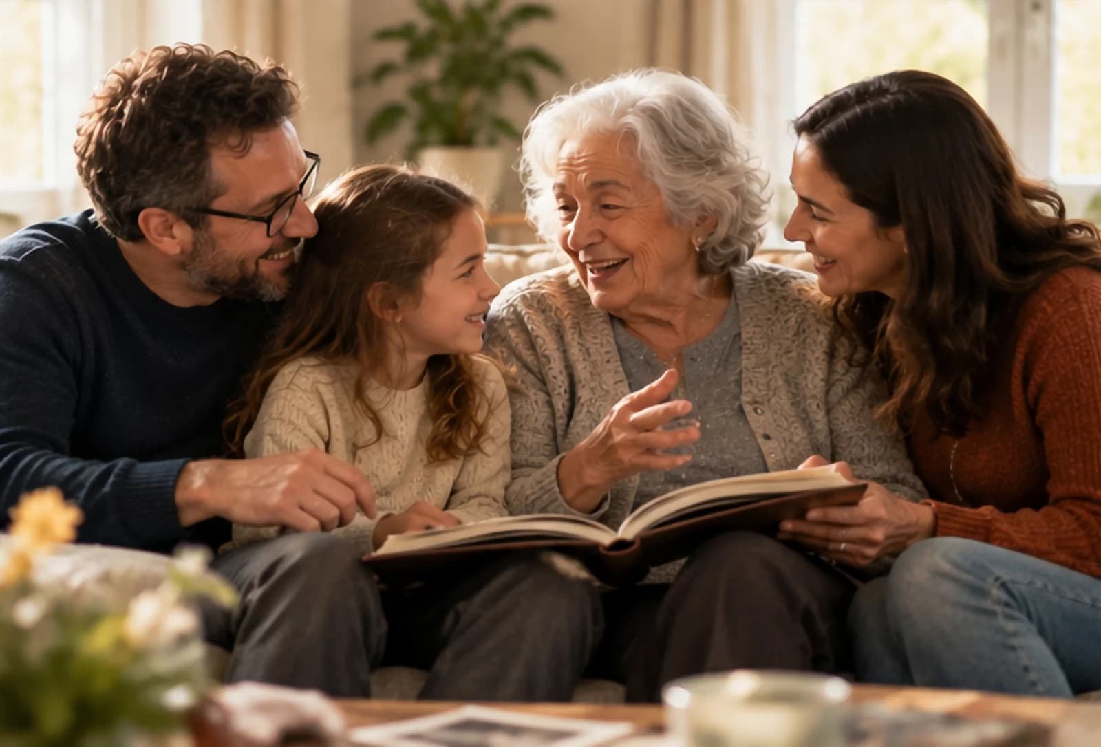 A family listening to an older woman share stories over a photo album